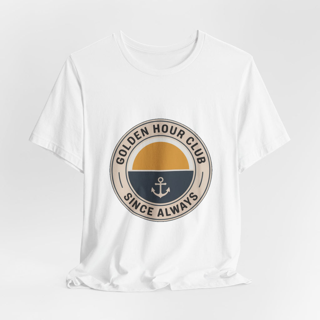 Golden Hour Club — Premium Coastal Badge Tee color-specific T-shirt mockup