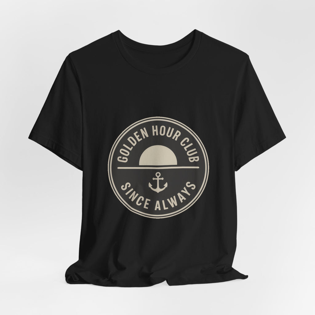 Golden Hour Club — Premium Coastal Badge Tee color-specific T-shirt mockup